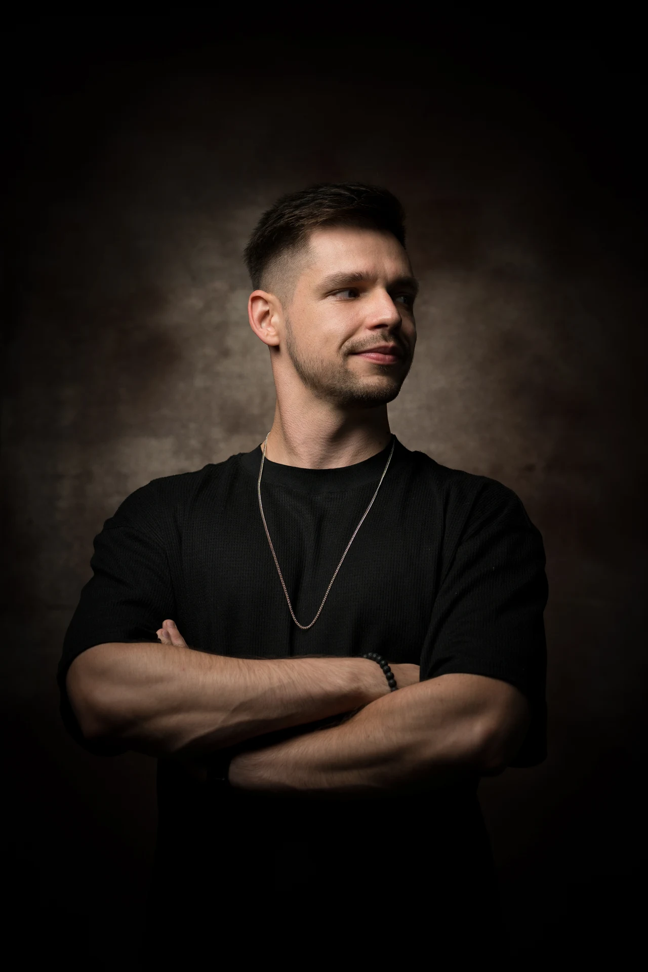 Studio portrait of Subrage in a black T-shirt