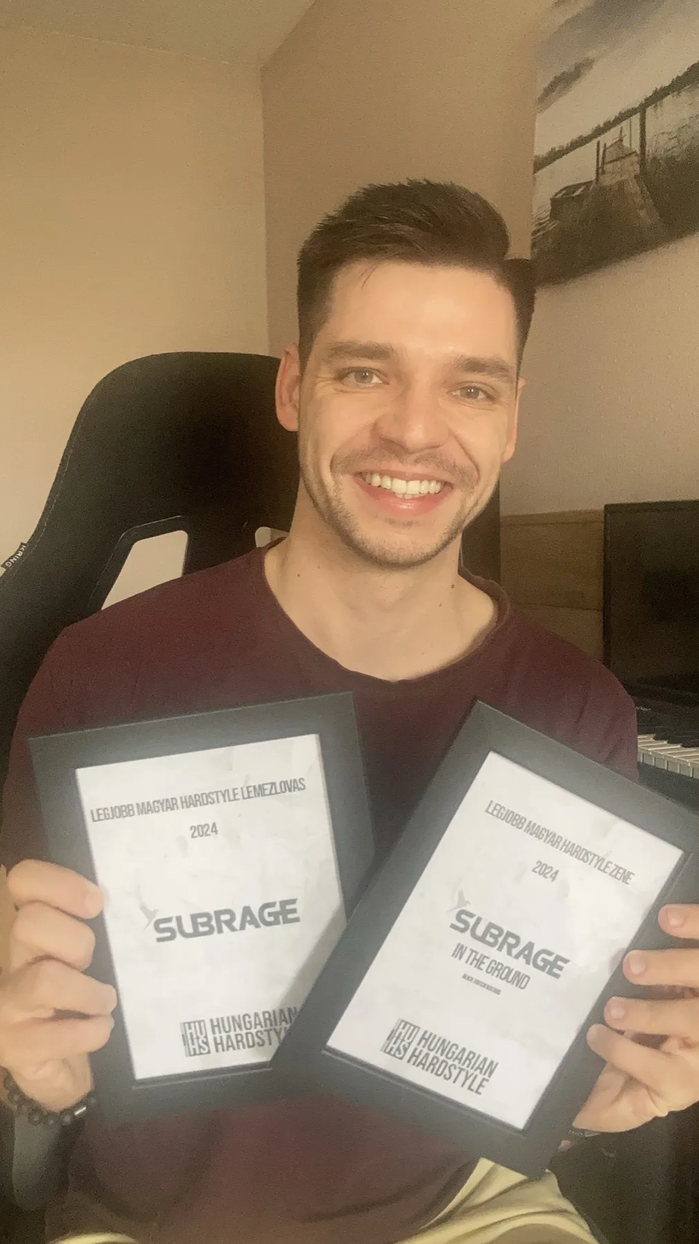 Subrage holding his two 2024 Hungarian Hardstyle awards